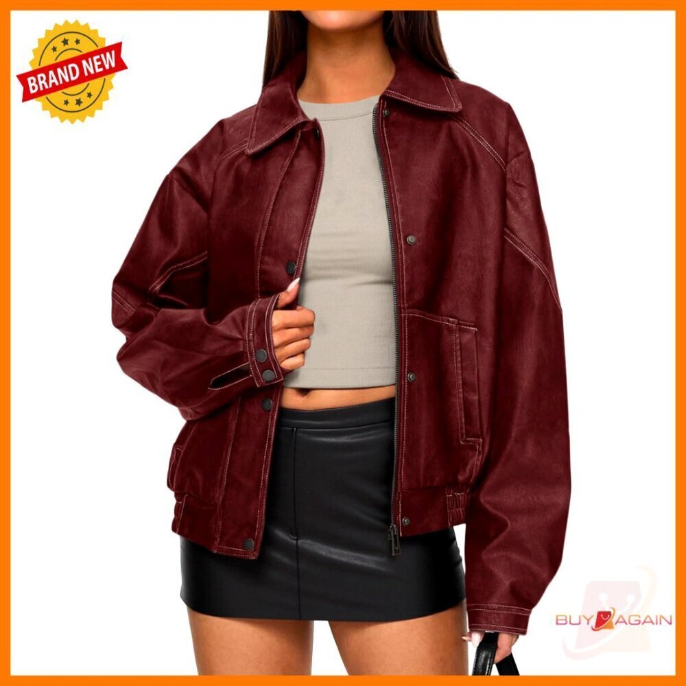 Faux Leather Bomber Jacket Oversized Moto Biker Retro Zip Up Chic